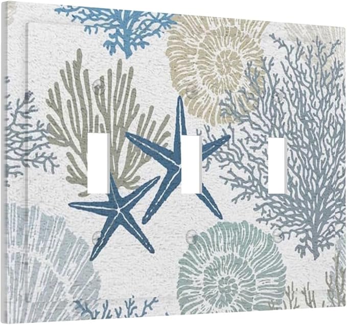 Turquoise Teal Nautical Beach Coral Starfish 3 Gang Decorator Light Switch Plate Outlet Cover, Tropical Blue Sea Ocean Conch Coralline Decorative Triple Toggle Wall Plate Electrical Face Switch Plate