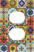 Colorful Mosaic Moroccan Mexican Bohemian Boho Talavera Style Ceramic Tile 1 Gang Duplex Wall Plate Electrical Receptacle Outlet Cover Decorative Dual Device Mid Size Light Switch Plug Face Plate