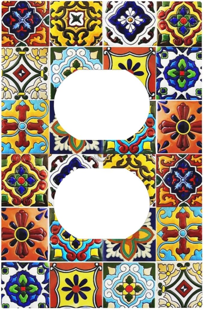 Colorful Mosaic Moroccan Mexican Bohemian Boho Talavera Style Ceramic Tile 1 Gang Duplex Wall Plate Electrical Receptacle Outlet Cover Decorative Dual Device Mid Size Light Switch Plug Face Plate