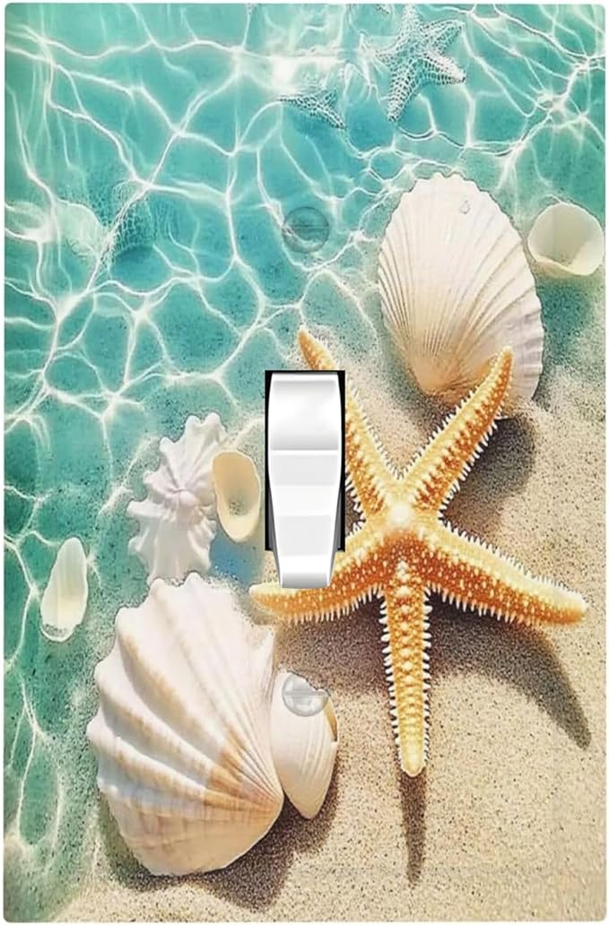 Decorative Light Switch Cover Sea Shells And Star Fish In Ocean Beach 1 Gang Single Toggle Device Electrical Faceplate Switchplates Decorator Outlet Wall Plate For Bathroom Home Decor