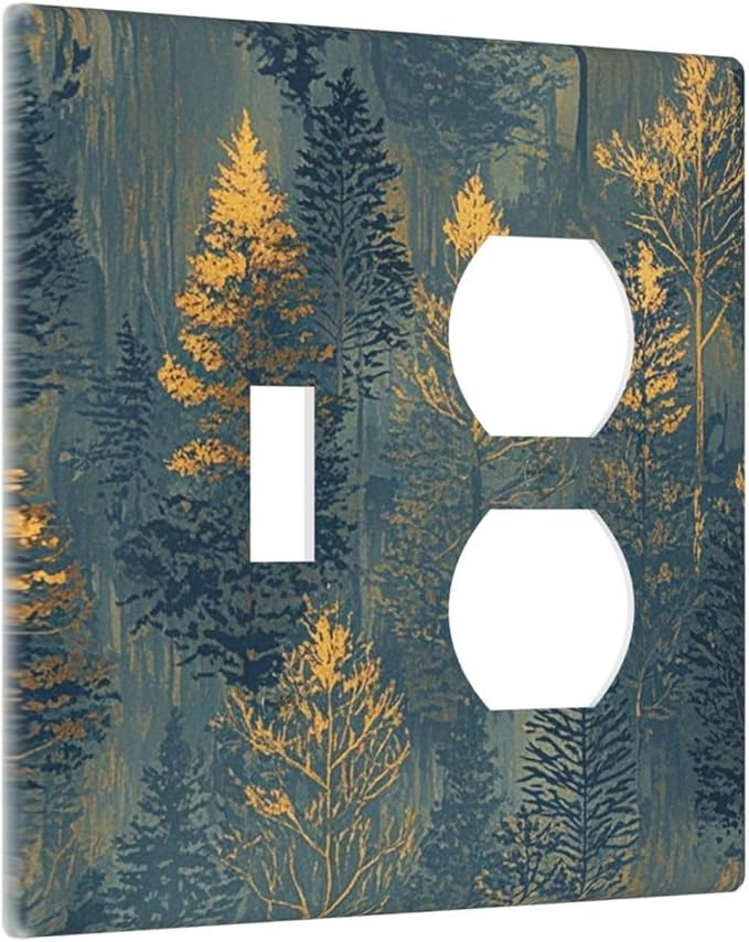 Decorative Switch Cover Plate with Golden Trees & Abstract Gradient Forest Landscape Design Toggle Duplex Wall Plate 2 Gang Light Switch Cover Outlet Covers for Blue Retro Home Decor