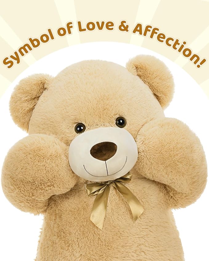 MaoGoLan Giant Teddy Bear Stuffed Animal, 52" Large Tan Teddy Bear Plush Toy with Cute Bow Tie & Footprints, Soft Sunggle Bear Plushies Gift for Kids Grilfriend Wife on Christmas Birthday Baby Shower
