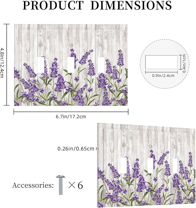 Purple Lavender Rustic Wooden Flowers Floral Plant Decorative Switch Plates 3 Gang Wall Plate Triple Toggle Light Switch Cover Faceplate Electrical Wall Panels for Farmhouse Living Room Decor