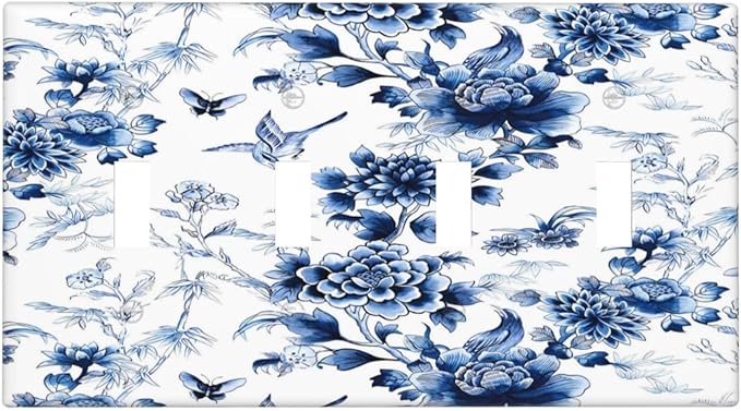 Blue Flower White Floral Plant Bird Butterfly Light Switch Covers Quad Toggle Electrical Faceplate 4 Gang Wall Plate Decorative Switch Plates Cover for Bedroom Living Room Decor
