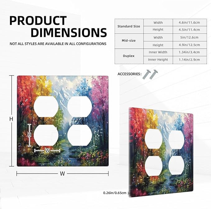 Colorful Forest Snow Mountain River Oil Painting Style Outlet Covers 2 Gang Double Duplex Decorative Light Switch Covers Electrical Wallplates Socket Faceplate for Bedroom Living Room Decor