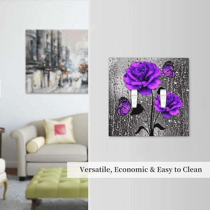 Decorative Purple Rose Butterfly Double Toggle Light Switch Cover, Romantic Lovely Beauty Girly Vibrant Flower 2-Gang Wall Plate Pretty Fashion Woman Electric Receptacle Outlet Switch Face Plate Cover