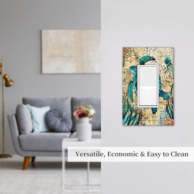 Sea Blue Turtle Beach Nautical Ocean Themed Teal World Map Tortoise Coastal 1 Gang Electrical Decora/GFCI Device Wallplate Single Decorator Rocker Outlet Light Switch Cover Electrical Faceplate Dimmer