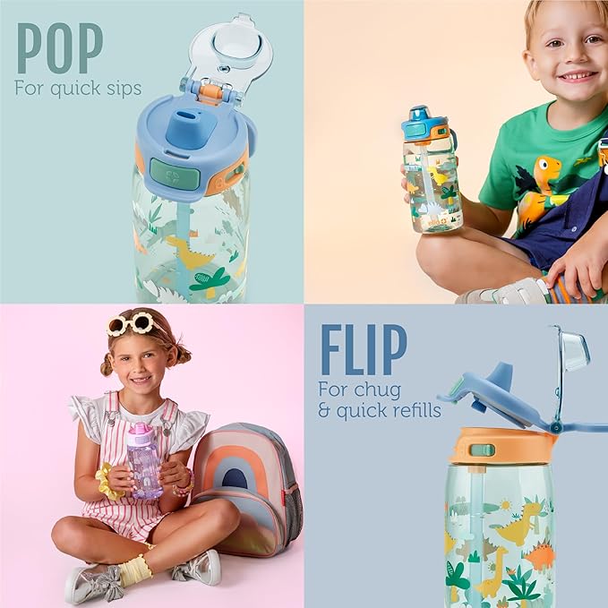 Ello Kids Pop & Fill 16oz Tritan Plastic Water Bottle with Quick Fill Technology, Leak Proof Locking Lid, Sip & Chug, BPA Free, Dishwasher Safe, For School, Lunchboxes, Royal Palace