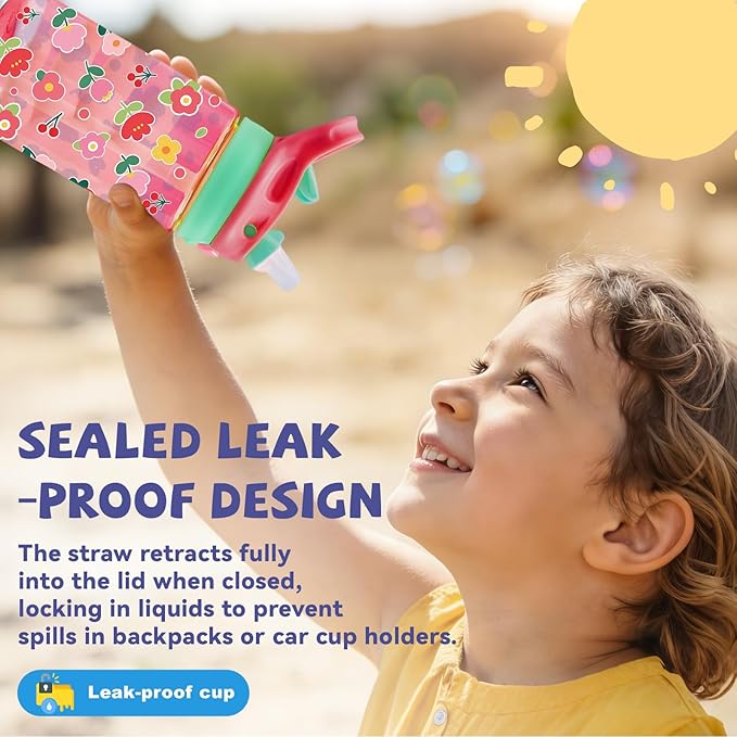 14oz Florals Kids Water Bottle with Straw Lid - Colorful Flowers Water Bottles for Kids, Leakproof, Lightweight, Durable Plastic Bottles for School, Pop-Up Straw Cover, Gift Cup for Girls(Flower)