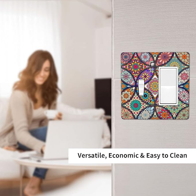 Bohemian Combin Wall Plate Cover Decorative 2 Gang Toggle Rocker Light Switch Cover colorful Vintage Floral Mandala Flower Faceplate for Bathroom Home Bedroom Art Panel Decor 4.5 X 4.5 In