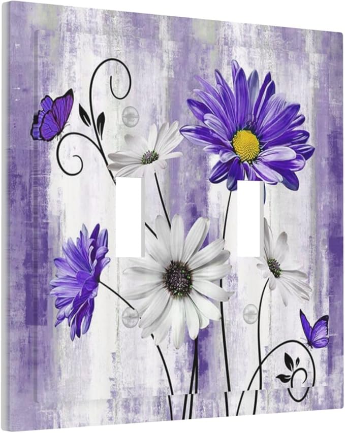 Decorative Light Switch Cover Plate Rustic Purple Daisy Butterfly Boho White Floral 2 Gang Wall Plate Cover Double Toggle Switch Plate Covers Electric Dual Device Electrical Faceplate