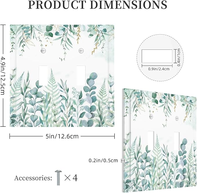 Boho Green Eucalyptus Leaf Floral Sage Flower Decorative Switch Plates 2 Gang Double Toggle Outlet Light Switch Cover Wall Plate Electrical Faceplate for Bedroom Living Room Decor