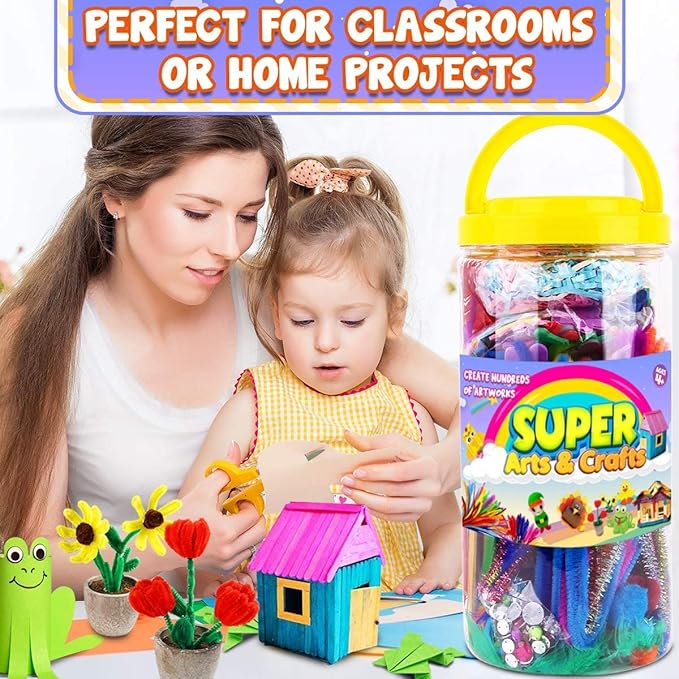 FUNZBO Arts and Crafts Supplies for Kids - Kindergarten School Craft Kit with Glitter Glue Stick, Glue, Pipe Cleaners Craft and Kids' Scissor, Birthday Gifts for Toddler Girls Boys Age 4+