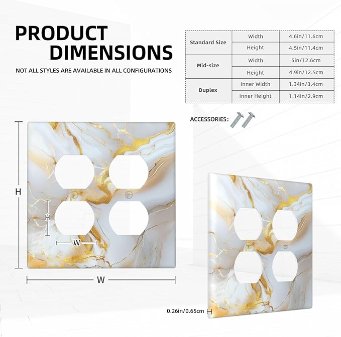 Decorative Outlet Covers Abstract Gold Marble Design with White & Gold 2 Gang Wall Plate Double Duplex Receptacle Light Switch Cover Switch Plate Cover for Modern Luxurious Decor