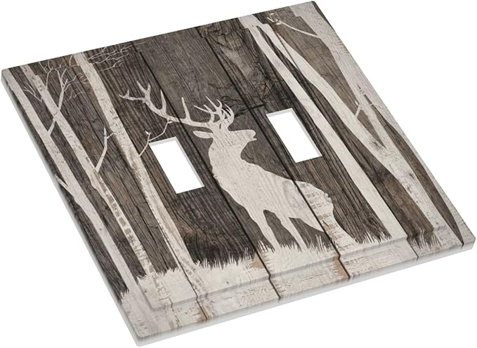 Vintage Wood Forest Deer Wildlife Animal Silhouette Decorative Switch Plates 2 Gang Double Toggle Outlet Light Switch Cover Wall Plate Electrical Faceplate for Farmhouse Home Decor