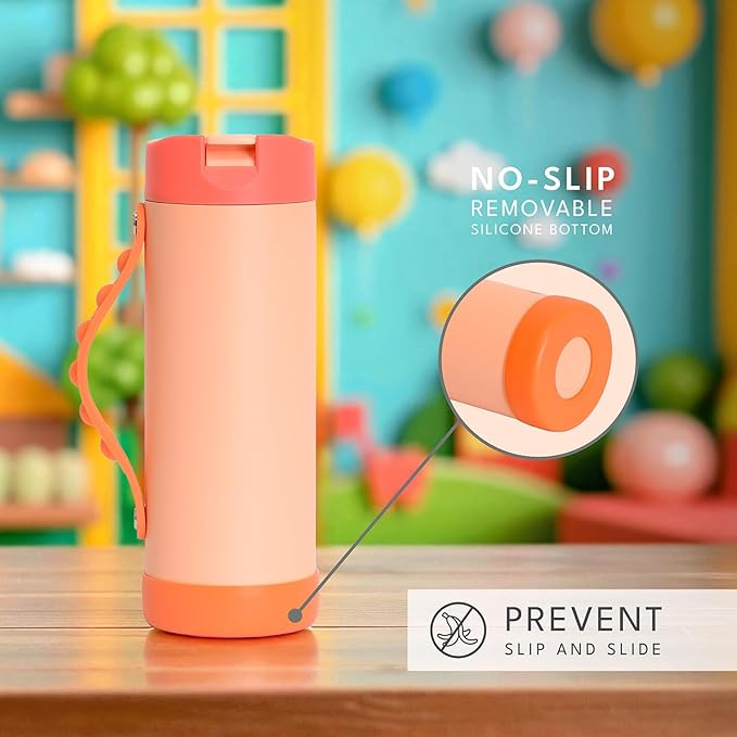 Elemental Iconic Kids Water Bottle for School - 100% Leak-Proof Insulated Water Bottles with Straw Lid & Pop-It Handle for Boys & Girls - Triple-Wall Insulated & BPA-Free, 14oz – Peach Sunrise