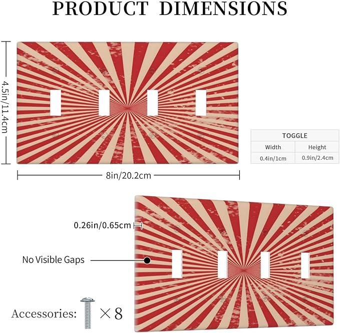 Retro Circus Sparkling Red White Lines Mid Century Light Switch Covers Quad Toggle Electrical Faceplate 4 Gang Wall Plate Decorative Switch Plates Cover for Farmhouse Home Decor