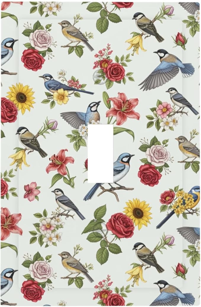 Vintage Birds & Blooms 1-Gang Toggle Light Switch Plate, English Countryside Chintz Botanical Floral & Songbird Decorative Wall Plate for Bedroom Decor