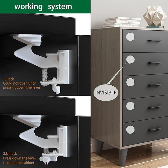 Vmaisi 20 Pack Cabinet Locks Child Safety Latches - Baby Proofing Cabinets Drawers Lock - Upgraded Stronger Adhesive Easy Installation - No Drilling