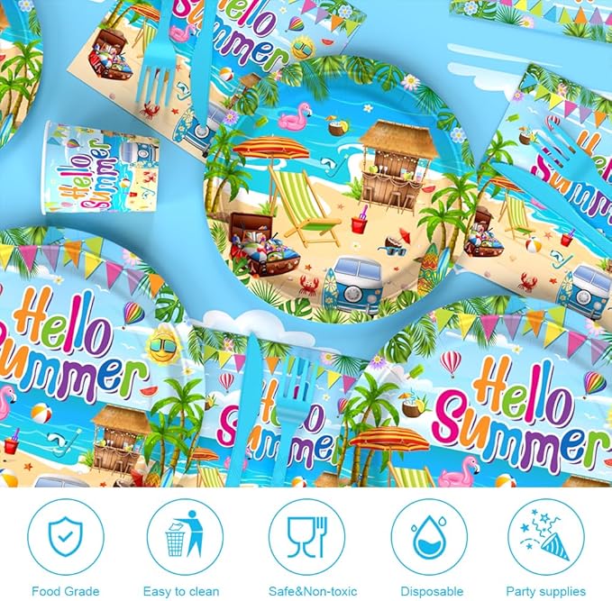 AIBIIN 145PCS Hello Summer Party Decorations Summer Beach Paper Plates Cups and Napkins Sets Hawaiian Theme Party Supplies Disposable Tableware Set with Tablecloth Serves 24 Guests