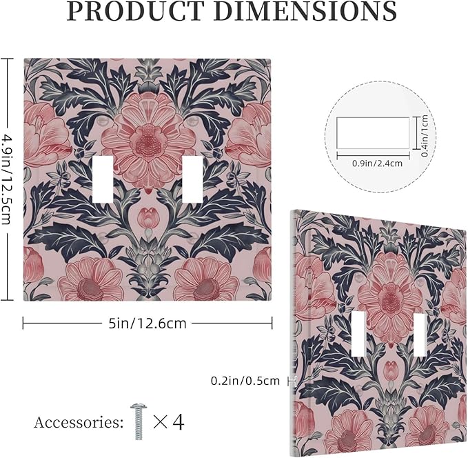Pink Floral Vintage Botanical Boho Flower Decorative Switch Plates 2 Gang Double Toggle Outlet Light Switch Cover Wall Plate Electrical Faceplate for Farmhouse Home Decor