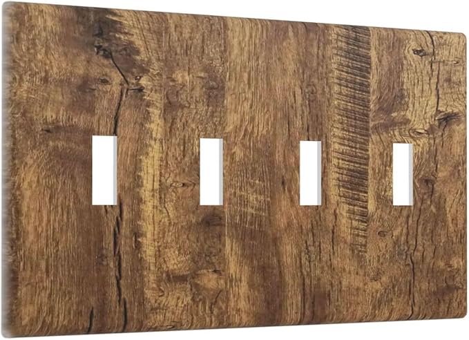 Rustic Brown Wood Distressed Wood Print Light Switch Covers Quad Toggle Electrical Faceplate 4 Gang Wall Plate Decorative Switch Plates Cover for Farmhouse Home Decor