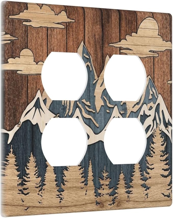 Blue Mountain Range Forest Nature Wilderness Wood Texture Outlet Covers 2 Gang Double Duplex Decorative Light Switch Covers Electrical Wallplates Socket Faceplate for Farmhouse Home Decor