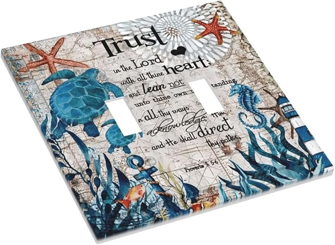 Inspirational Quote Turqoise Teal Blue Sea Ocean Turtle Nautical Map Beach Coral Reef Lighthouse 2 Gang Double Toggle Outlet Light Switch Wall Plate Outlet Cover Decorative Dual Electrical Faceplate