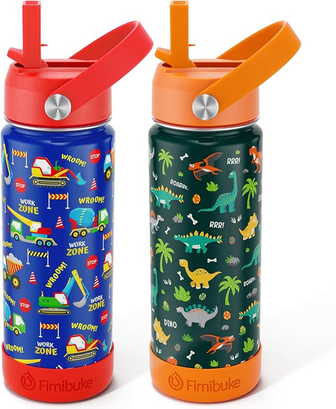 Fimibuke Kids Insulated Water Bottle, 18oz BPA FREE Kids Cups with Straw Double Wall Vacuum Tumbler 18/8 Stainless Steel Leak Proof Toddler Water Bottle for School Boys Girls (2 Pack, Dinosaur/Truck)