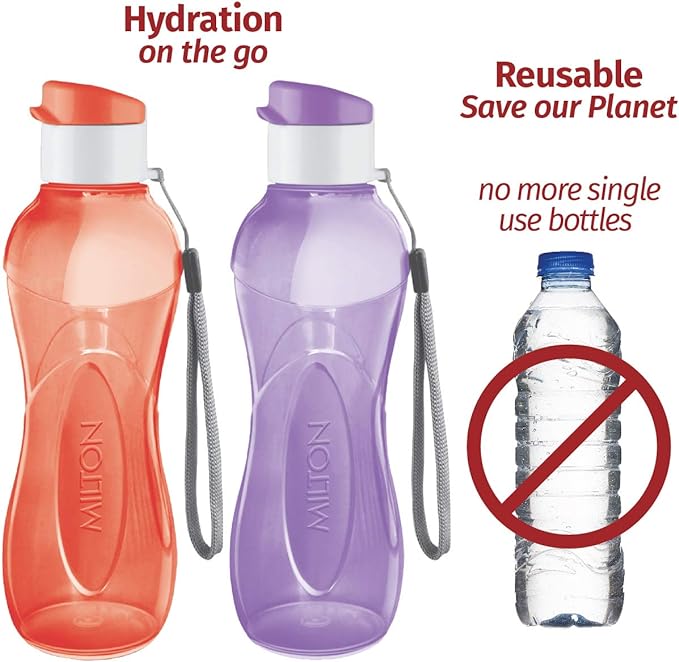 MILTON Water Bottle Kids Reusable Leakproof 17 Oz 4-Pack Plastic Wide Mouth Large Big Drink Bottle BPA & Leak Free with Handle Strap Carrier for Cycling Camping Hiking Gym Yoga