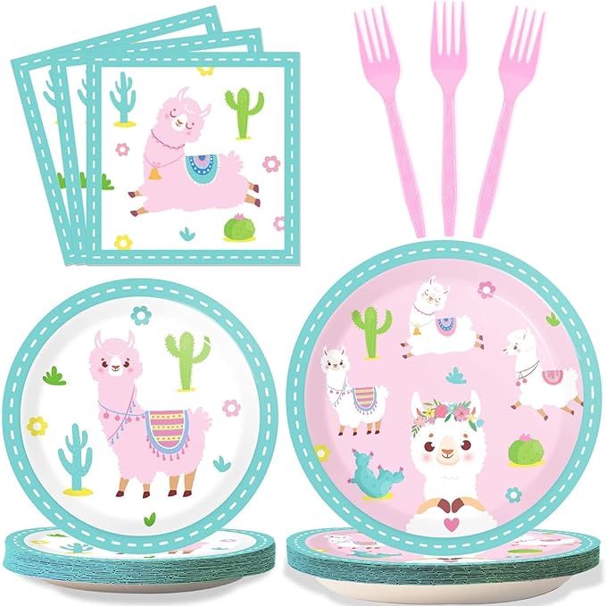 ZOIIWA 96 Pcs Llama Birthday Party Supplies for 24 Guests Alpaca Llama Birthday Plates Napkins Tableware Party Decorations Mexican Cactus Dinnerware Favor for Kids Girls Baby Showers