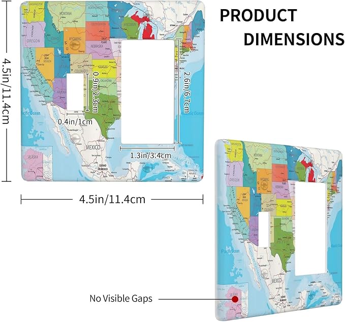 USA Map 2 Gang Single Toggle/Rocker Combination Light Switch Cover Decorative Wall Plate Faceplate Boys Kids Teen Girl Bedroom Room Decorate 4.5" x 4.5