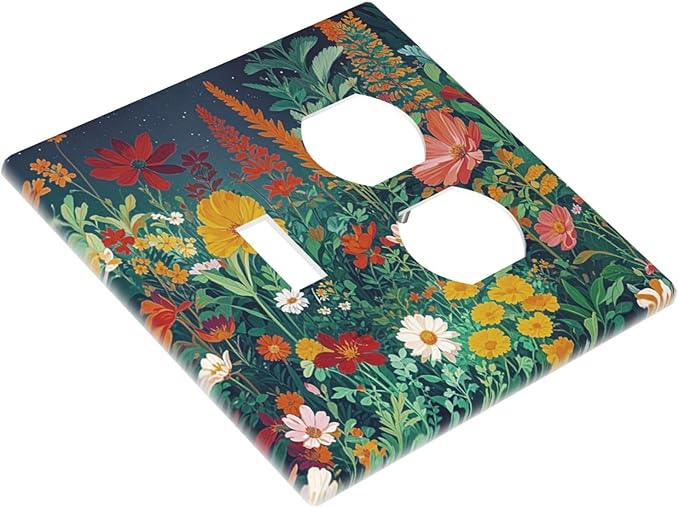 Decorative Switch Cover Plate with Wildflowers & Stars Botanical Floral Art Design Toggle Duplex Wall Plate 2 Gang Light Switch Cover Outlet Covers for Garden Theme Wall Decor