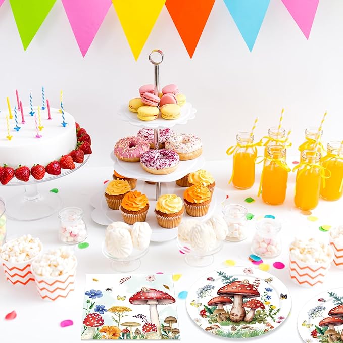 40PCS Mushroom Birthday Decorations Forest Theme Fairy Birthday Party Decorations Mushroom Decorations for Party Mushroom Plates and Napkins for Kids Boys Girls Baby Shower