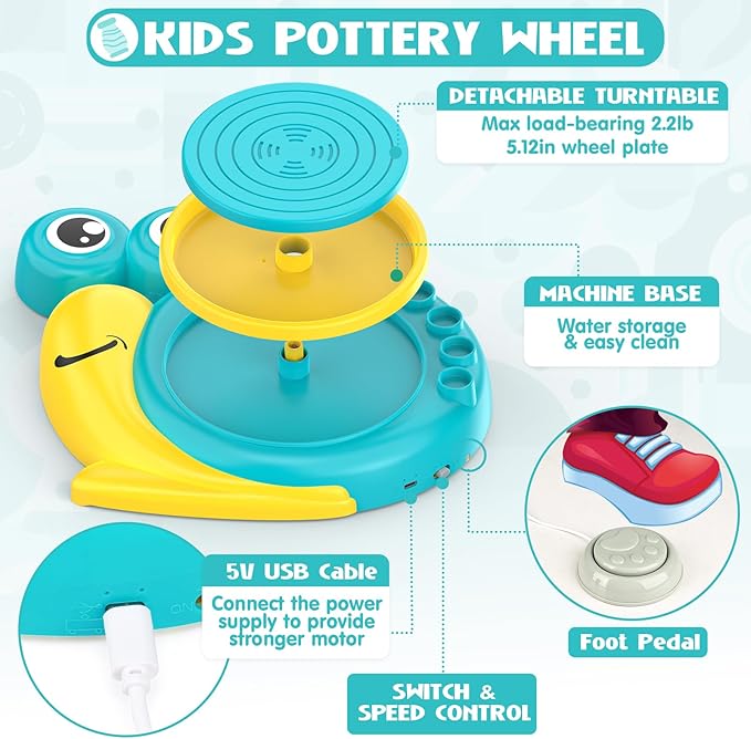 Aujazyble Pottery Wheel for Kids - Complete Art Supplies Arts & Crafts Kit, Crafts for Girls 8-12, Girls Boy Toys Birthday Halloween Christmas Gift for Kids Ages 6 7 8 9 10 11 12+, (Snail)