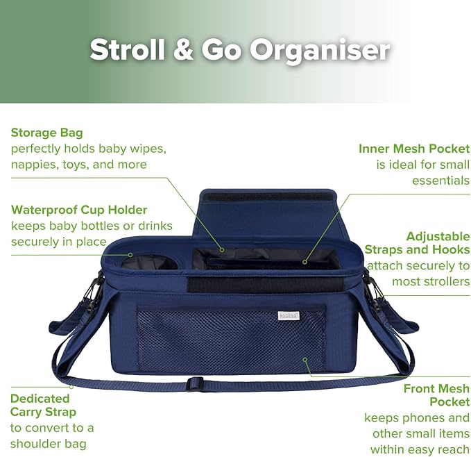 haakaa Universal Stroller Organizer - Bluestone, Single Cup Holder, Stroller Caddy Accessories with Shoulder Strap & Extra Non-Slip Stroller Hook, Fits Most Strollers