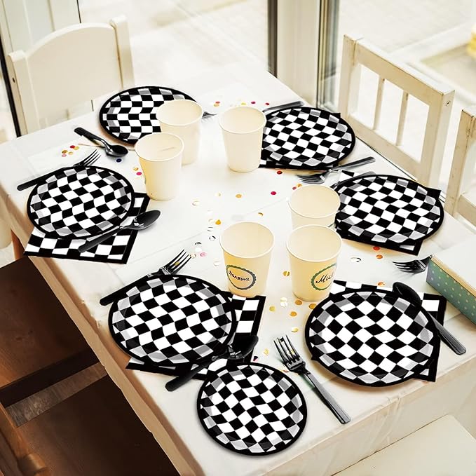 96PCS Race Car Birthday Party Decorations Black and White Checkered Plates Sports Themed Table Supplies Decorations Racing Dessert Plates Napkins Forks for 24 Guests Racing Car Birthday Party Favors