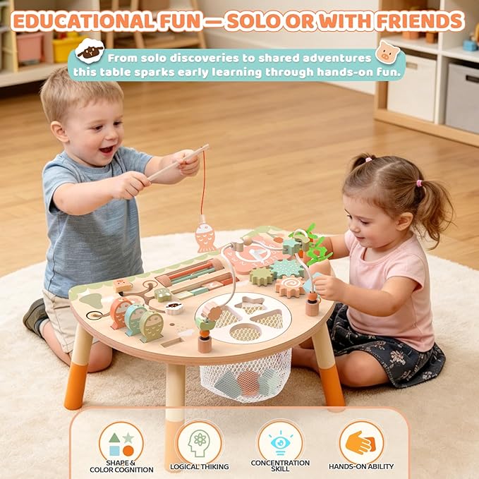 Wooden Activity Table for Toddlers 1-3, 9 in 1 Montessori Sensory Table with Bead Maze Shape Sorter Fishing Game, Baby Activity Center Learning Toys for 1 2 3 Year Old Boys Girls