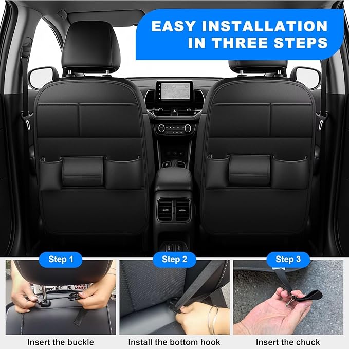 Back Seat Protector 2 Pack Fit For Toyota Grand Highlander Car Kick Mats with Cup & Tissue Storage Organizer Pockets Waterproof Dirt Proof Faux Leather Auto Accessories For Kids(1 Pair Black)