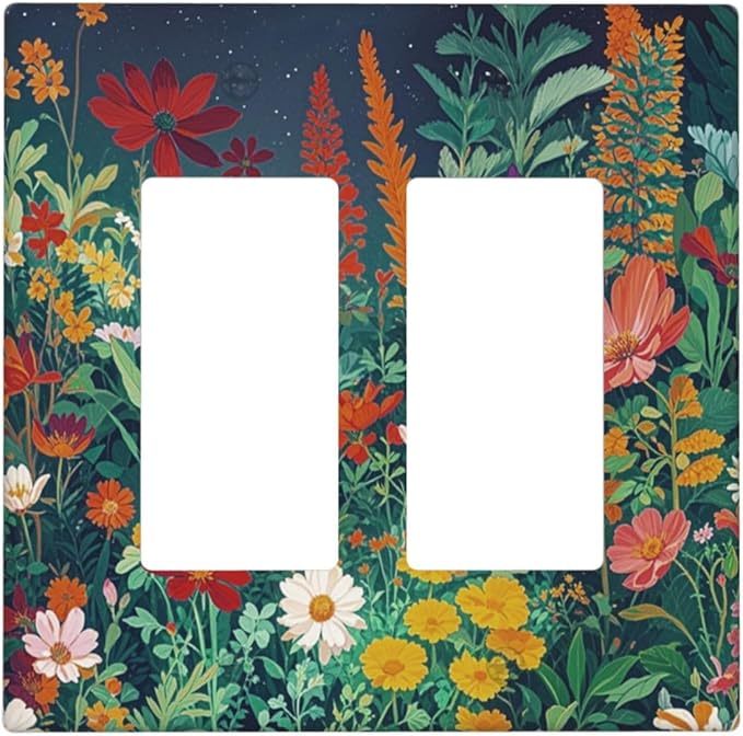 Decorative Outlet Covers with Wildflowers & Stars Botanical Floral Art Design 2 Gang Wall Plate Double Rocker Light Switch Cover Switch Plate Cover for Garden Theme Wall Decor