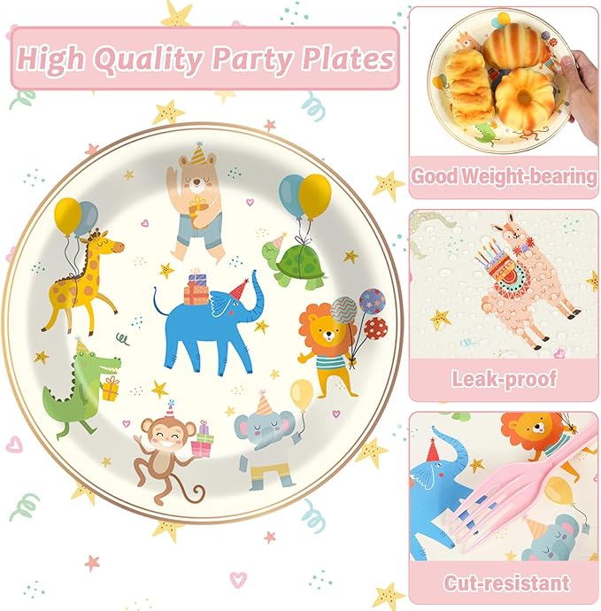 Qyeahkj 100PCS Party Animal Plates and Napkins Party Supplies Happy Birthday Parade Tableware Set Faint Yellow Birthday Decorations Favor Dinner Plates for Animal Party Celebrations Serves 25