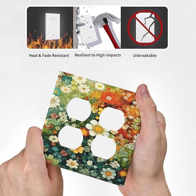 Decorative Light Switch Cover Plate Colorful Flowers Green Plants Meadow Floral 2 Gang Switch Plate Covers Double Duplex Wall Plates Switch Plates and Outlet Covers for Bathroom Bedroom