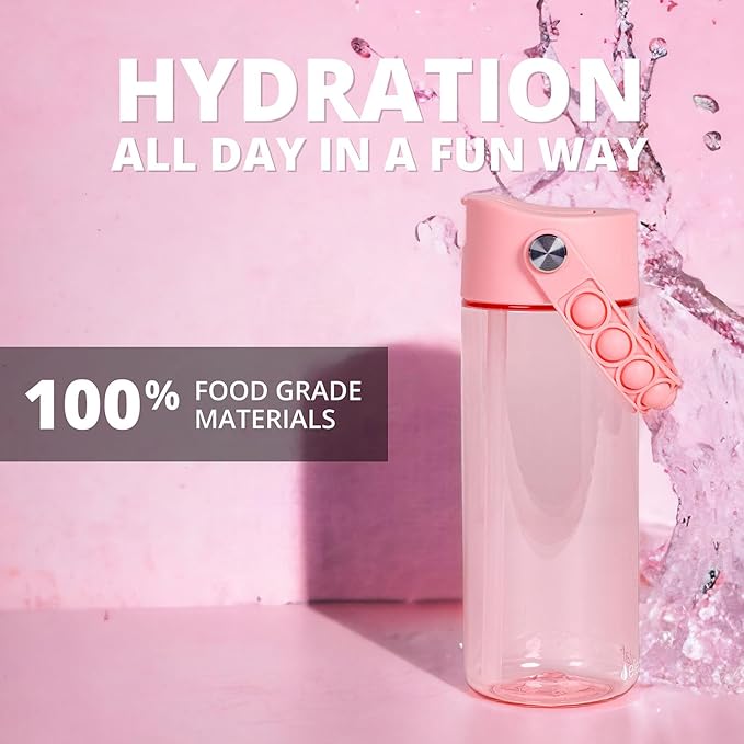 Elemental Water Bottles for Kids - Splash Kids Water Bottle for School with Pop-it Handle - BPA Free Tritan Plastic Water Bottle with Straw Leak Proof when Spout is Closed - Pink- 18oz