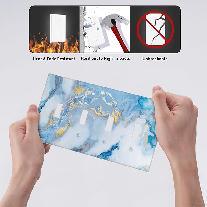 Beautiful Marble Texture Blue Gold Fluid Abstract Print Light Switch Covers Quad Toggle Electrical Faceplate 4 Gang Wall Plate Decorative Switch Plates Cover for Bedroom Bathroom Decor
