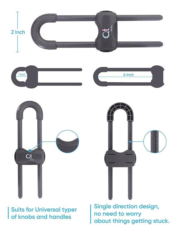 QT BABY Baby Proofing Cabinet Locks | Adjustable U Shaped Baby Safety Latches for Drawers, Fridge, Closet |Modern Baby Proofing Cabinet Lock with Extra Secure Lock Buttons (Pack of 2)