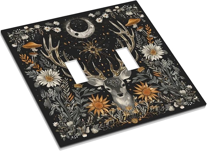 Light Switch Cover Plate Vintage Deer Flowers Moon Natural Plants Floral 2 Gang Double Toggle Decorative Switch Plates Wall Plates Electrical Faceplate for Bathroom Bedroom Decor