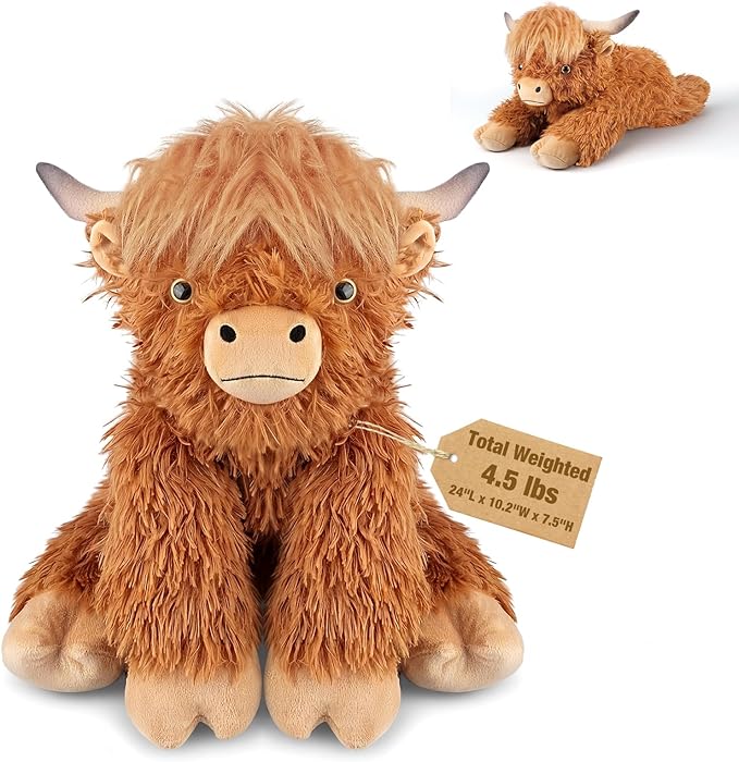 24" & 4.5lbs Highland Cow Stuffed Animal, Sitting & Laying Weighted Stuffed Animals, Cuddly & Soft Weighted Highland Cow Plush for Adults & Kids, Highland Cow Gifts for Christmas & Valentine’s Day