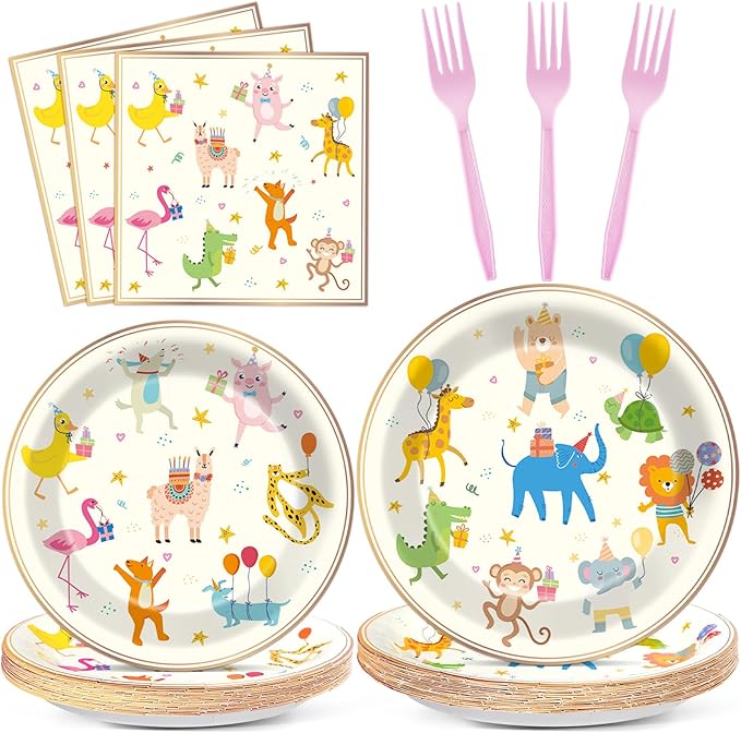 Qyeahkj 100PCS Party Animal Plates and Napkins Party Supplies Happy Birthday Parade Tableware Set Faint Yellow Birthday Decorations Favor Dinner Plates for Animal Party Celebrations Serves 25