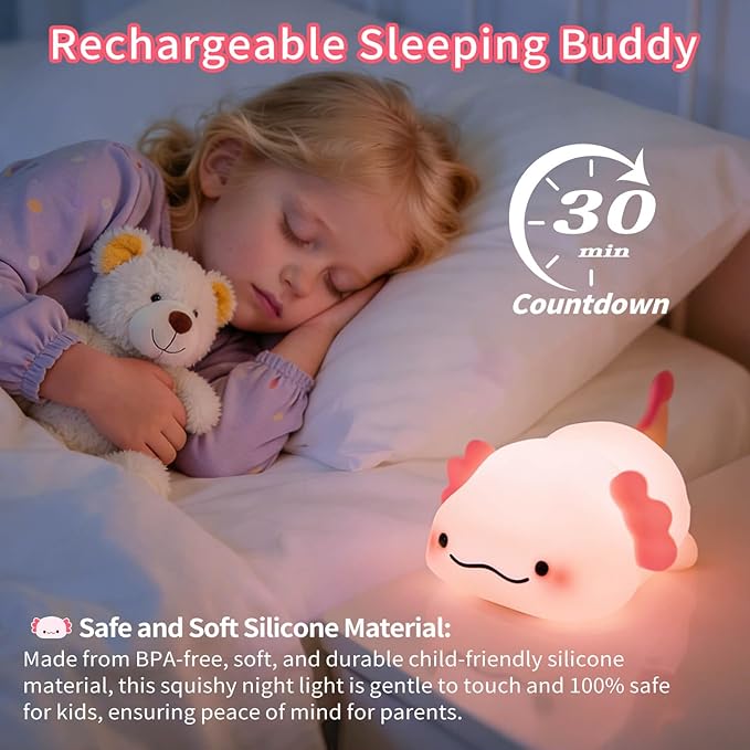 Axolotl Night Light for Kids, Squishy Silicone 3-Level Dimmable Touch Control Cute Nightlight with Timer, Portable USB Rechargeable Nursery Pink Night Lamp Gifts for Baby, Toddler Room Decor