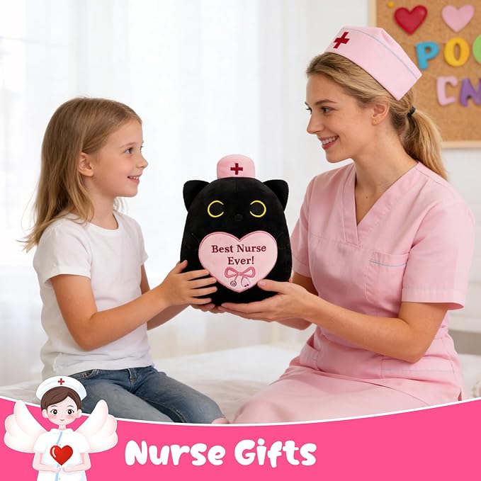 RN Black Cat Plush, 8" Cat Stuffed Animal with Pink Cap and Best Nurse Ever, Student Nursing Graduation Gifts Nurse Appreciation Gifts for Women, Appreciation Week Gift